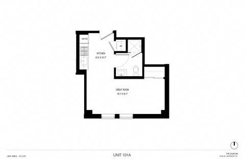 Floor plan for studio, 1 bath, 413 sqft